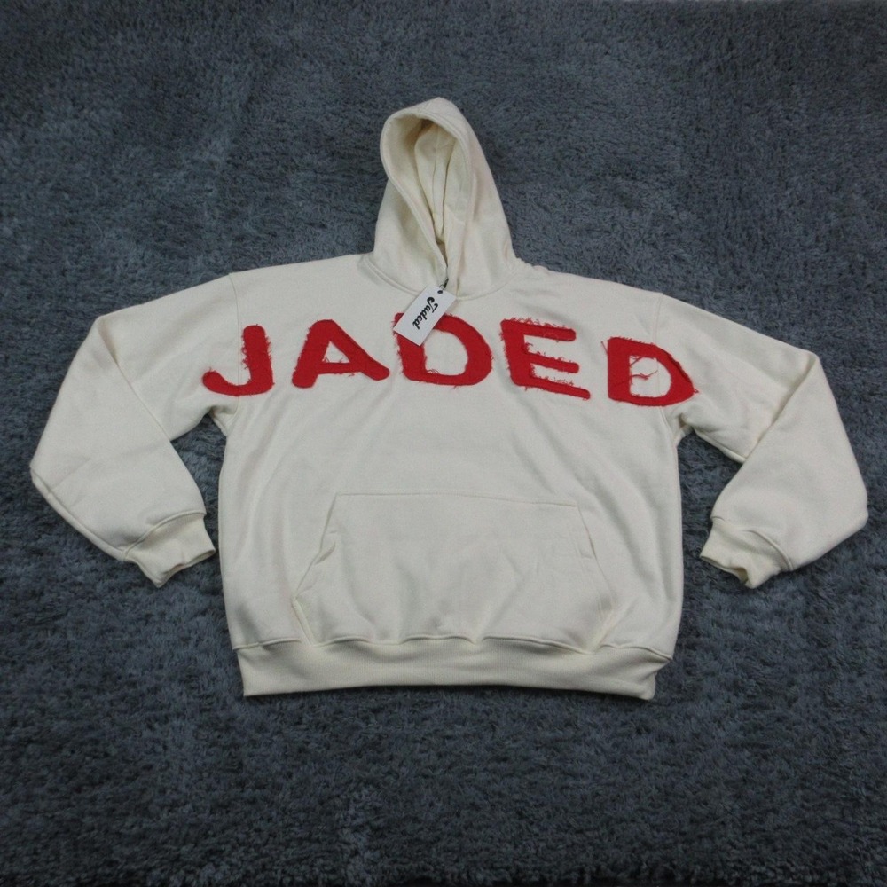 Jaded Hoodie Sweatshirt Mens Large White Fleece Pullover JADED Logo Graphic NWT